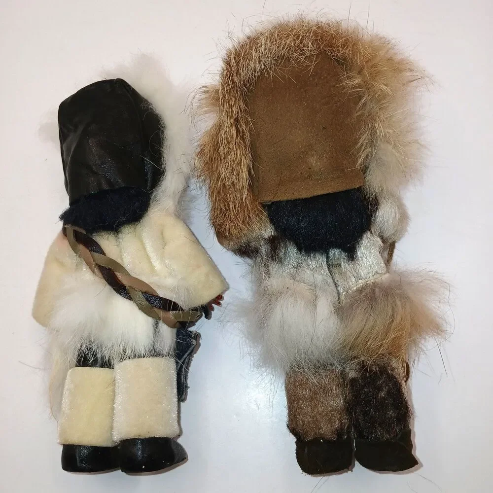 Vtg Native Alaskan Dolls x2 Real Fur Leather Sleepy Eyes Mittens Folk Art 6